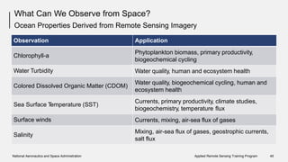 What Can We Observe from Space?
Ocean Properties Derived from Remote Sensing Imagery
biogeochemical cycling
ecosystem health
biogeochemistry, temperature flux
salt flux
National Aeronautics and Space Administration Applied Remote Sensing Training Program 45
Observation Application
Chlorophyll-a
Phytoplankton biomass, primary productivity,
Water Turbidity Water quality, human and ecosystem health
Colored Dissolved Organic Matter (CDOM)
Water quality, biogeochemical cycling, human and
Sea Surface Temperature (SST)
Currents, primary productivity, climate studies,
Surface winds Currents, mixing, air-sea flux of gases
Salinity
Mixing, air-sea flux of gases, geostrophic currents,
 