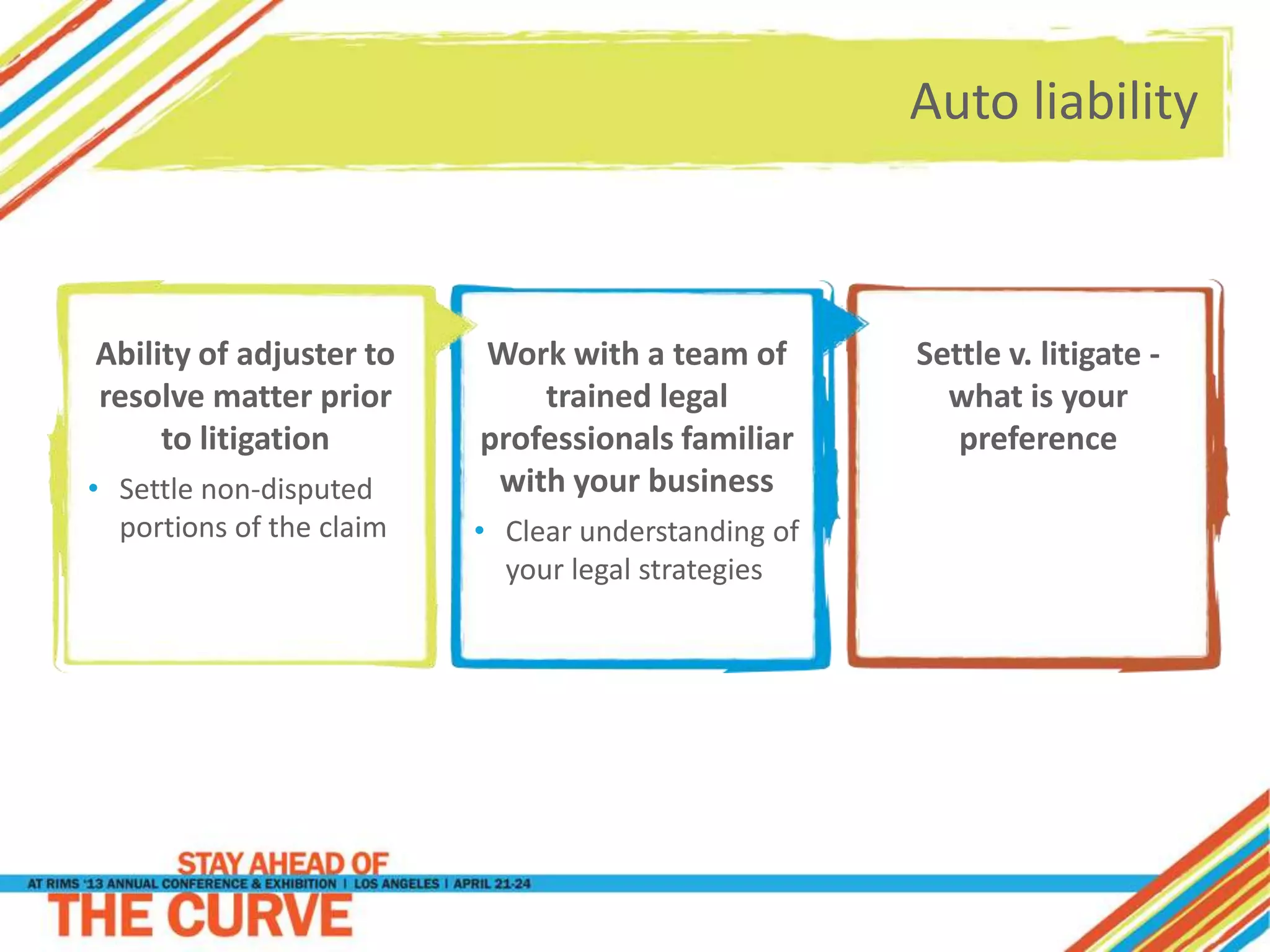 Auto liability
Ability of adjuster to
resolve matter prior
to litigation
• Settle non-disputed
portions of the claim
Settle v. litigate -
what is your
preference
Work with a team of
trained legal
professionals familiar
with your business
• Clear understanding of
your legal strategies
 