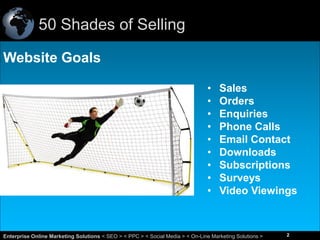 50 Shades of Selling
Website Goals
•
•
•
•
•
•
•
•
•

Sales
Orders
Enquiries
Phone Calls
Email Contact
Downloads
Subscriptions
Surveys
Video Viewings

2
Enterprise Online Marketing Solutions < SEO > < PPC > < Social Media > < On-Line Marketing Solutions >

2

 