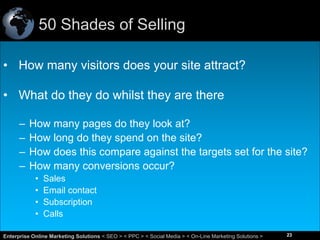 50 Shades of Selling
• How many visitors does your site attract?
• What do they do whilst they are there
–
–
–
–

How many pages do they look at?
How long do they spend on the site?
How does this compare against the targets set for the site?
How many conversions occur?
•
•
•
•

Sales
Email contact
Subscription
Calls

23
Enterprise Online Marketing Solutions < SEO > < PPC > < Social Media > < On-Line Marketing Solutions >

23

 