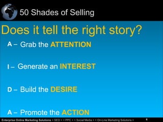 50 Shades of Selling

Does it tell the right story?
A – Grab the ATTENTION
I – Generate an INTEREST
D – Build the DESIRE
A – Promote the ACTION
6
Enterprise Online Marketing Solutions < SEO > < PPC > < Social Media > < On-Line Marketing Solutions >

6

 