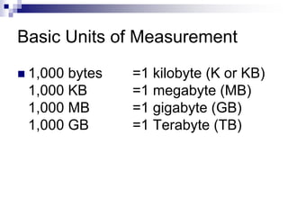 Basic Units of Measurement
 1,000 bytes =1 kilobyte (K or KB)
1,000 KB =1 megabyte (MB)
1,000 MB =1 gigabyte (GB)
1,000 GB =1 Terabyte (TB)
 