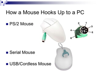 How a Mouse Hooks Up to a PC
 PS/2 Mouse
 Serial Mouse
 USB/Cordless Mouse
 