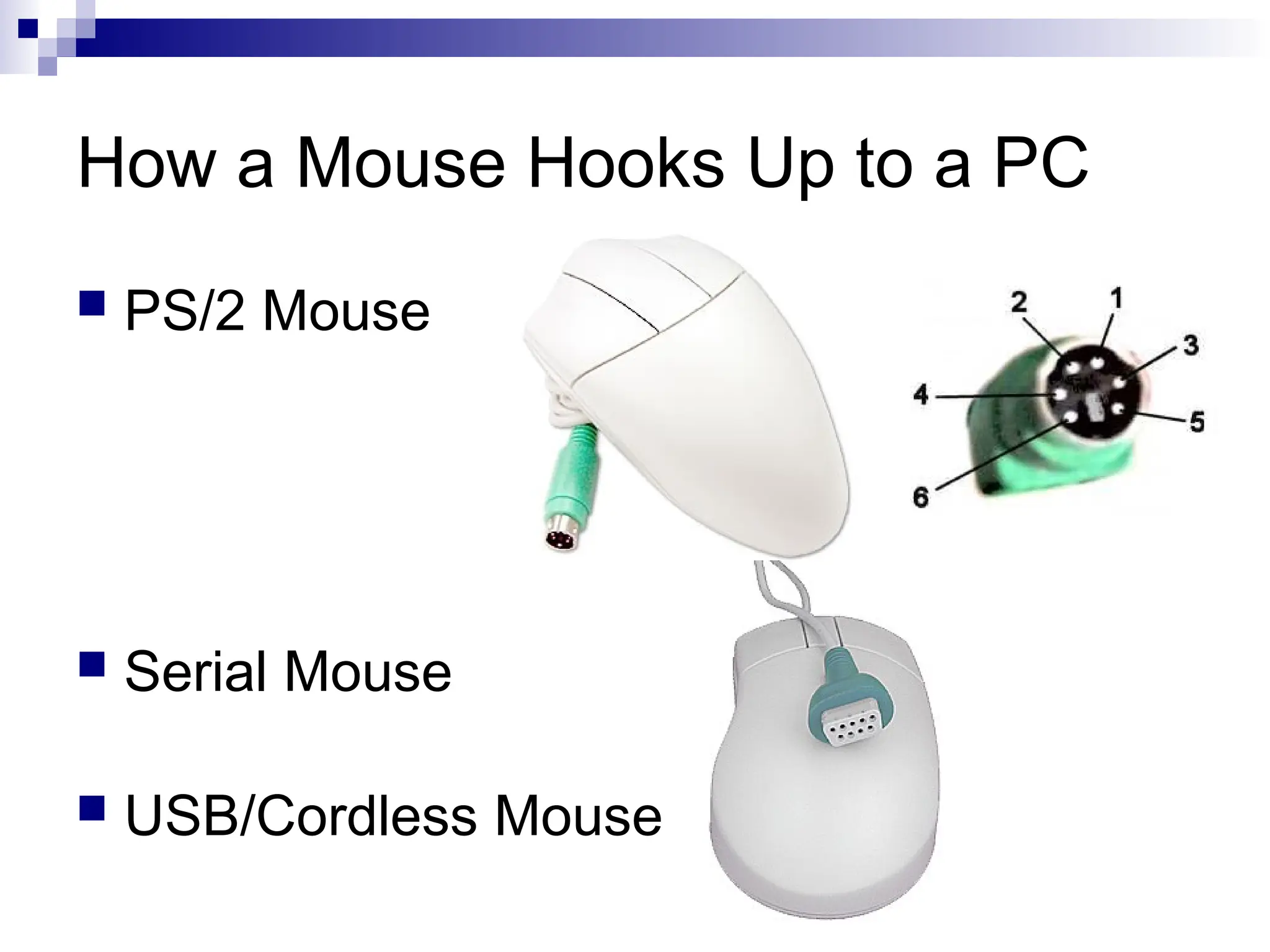 How a Mouse Hooks Up to a PC
 PS/2 Mouse
 Serial Mouse
 USB/Cordless Mouse
 