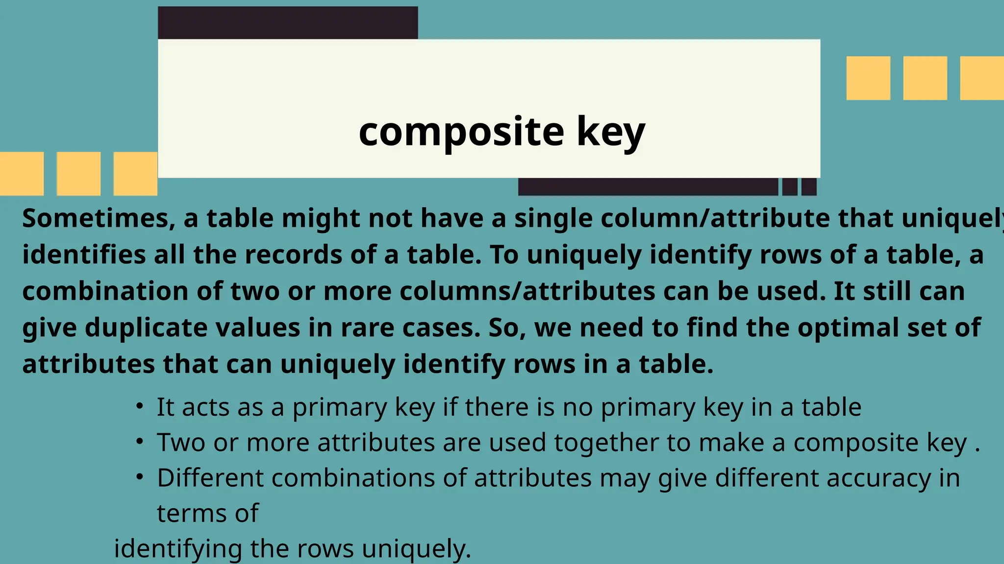 composite key
Sometimes, a table might not have a single column/attribute that uniquely
identifies all the records of a table. To uniquely identify rows of a table, a
combination of two or more columns/attributes can be used. It still can
give duplicate values in rare cases. So, we need to find the optimal set of
attributes that can uniquely identify rows in a table.
&bull; It acts as a primary key if there is no primary key in a table
&bull; Two or more attributes are used together to make a composite key .
&bull; Different combinations of attributes may give different accuracy in
terms of
identifying the rows uniquely.
 