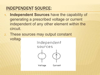 INDEPENDENT SOURCE:
1. Independent Sources have the capability of
generating a prescribed voltage or current
independent of any other element within the
circuit.
2. These sources may output constant
voltage/current that varies with time.
 