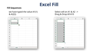 Excel Fill
we have typed the value A1(1)
& A2(2):
Select cell on A1 & A2 ->
Drag & Drop till A10
Fill Sequences
 