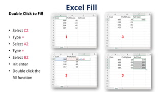 Excel Fill
• Select C2
• Type =
• Select A2
• Type +
• Select B2
• Hit enter
• Double click the
fill function
Double Click to Fill
1
2
3
3
 