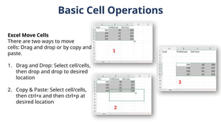 Basic Cell Operations
Excel Move Cells
There are two ways to move
cells: Drag and drop or by copy and
paste.
1. Drag and Drop: Select cell/cells,
then drop and drop to desired
location
2. Copy & Paste: Select cell/cells,
then ctrl+x and then ctrl+p at
desired location
1
2
3
 