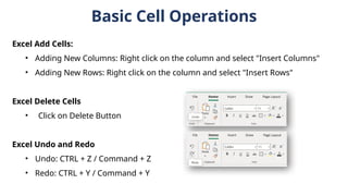 Basic Cell Operations
Excel Add Cells:
• Adding New Columns: Right click on the column and select "Insert Columns"
• Adding New Rows: Right click on the column and select "Insert Rows"
Excel Delete Cells
• Click on Delete Button
Excel Undo and Redo
• Undo: CTRL + Z / Command + Z
• Redo: CTRL + Y / Command + Y
 