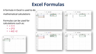 Excel Formulas
A formula in Excel is used to do
mathematical calculations
Formulas can be used for
calculations such as:
• = 1+1
• = 2*2
• = 4/2 =2
 