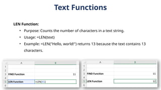 Text Functions
LEN Function:
• Purpose: Counts the number of characters in a text string.
• Usage: =LEN(text)
• Example: =LEN("Hello, world!") returns 13 because the text contains 13
characters.
 