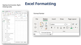 Excel Formatting
Styling Commands, Right
Clicking Cells
Format Painter
 