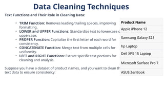 Data Cleaning Techniques
Text Functions and Their Role in Cleaning Data:
• TRIM Function: Removes leading/trailing spaces, improving
formatting.
• LOWER and UPPER Functions: Standardize text to lowercase or
uppercase.
• PROPER Function: Capitalize the first letter of each word for
consistency.
• CONCATENATE Function: Merge text from multiple cells for
uniformity.
• LEFT and RIGHT Functions: Extract specific text portions for
cleaning and analysis.
Suppose you have a dataset of product names, and you want to clean the
text data to ensure consistency:
Product Name
Apple iPhone 12
Samsung Galaxy S21
hp Laptop
Dell XPS 15 Laptop
Microsoft Surface Pro 7
ASUS ZenBook
 