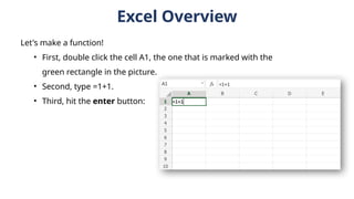 Excel Overview
Let's make a function!
• First, double click the cell A1, the one that is marked with the
green rectangle in the picture.
• Second, type =1+1.
• Third, hit the enter button:
 