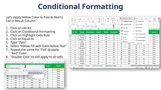 Conditional Formatting
Let's Apply Yellow Color to Pass & Red to
Fail in Result Column
1. Click on cell K2
2. Click on Conditional Formatting
3. Click on Highlight Cells Rule
4. Click on Equal to
5. Type "Pass"
6. Select "Yellow Fill with Dark Yellow Text"
7. Repeat the same for "Fail" & apply
"Red" Color.
8. "Double Click" to cell apply to all cells
1
2
 