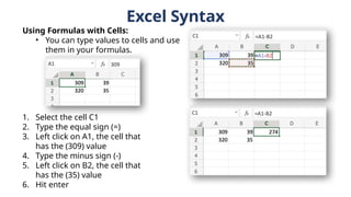 Using Formulas with Cells:
• You can type values to cells and use
them in your formulas.
1. Select the cell C1
2. Type the equal sign (=)
3. Left click on A1, the cell that
has the (309) value
4. Type the minus sign (-)
5. Left click on B2, the cell that
has the (35) value
6. Hit enter
Excel Syntax
 