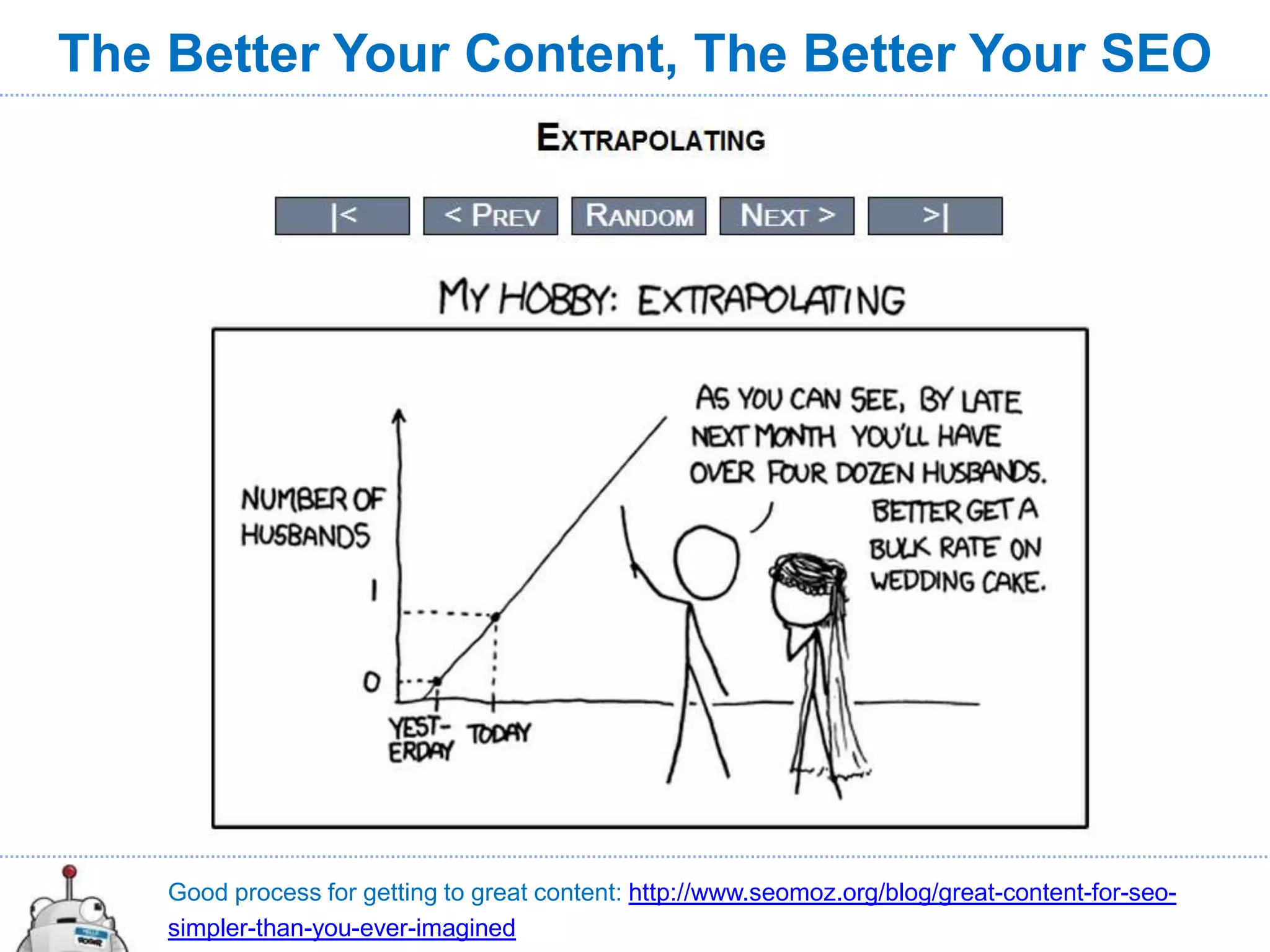 The Better Your Content, The Better Your SEO




    Good process for getting to great content: http://www.seomoz.org/blog/great-content-for-seo-
    simpler-than-you-ever-imagined
 