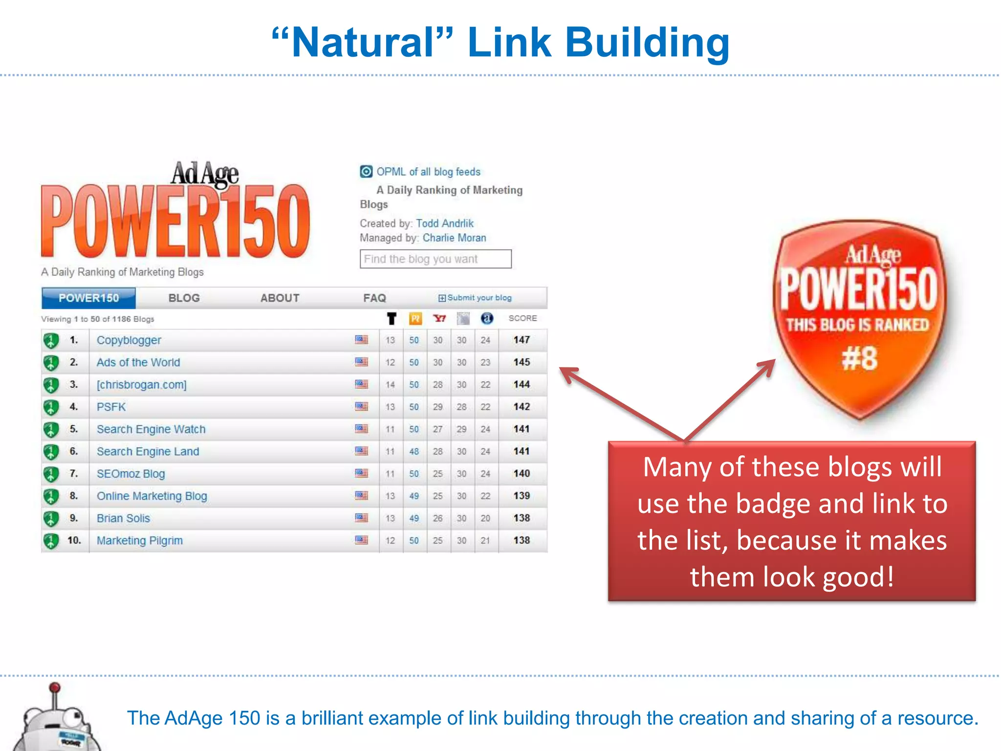 “Natural” Link Building




                                                             Many of these blogs will
                                                            use the badge and link to
                                                            the list, because it makes
                                                                 them look good!



The AdAge 150 is a brilliant example of link building through the creation and sharing of a resource.
 