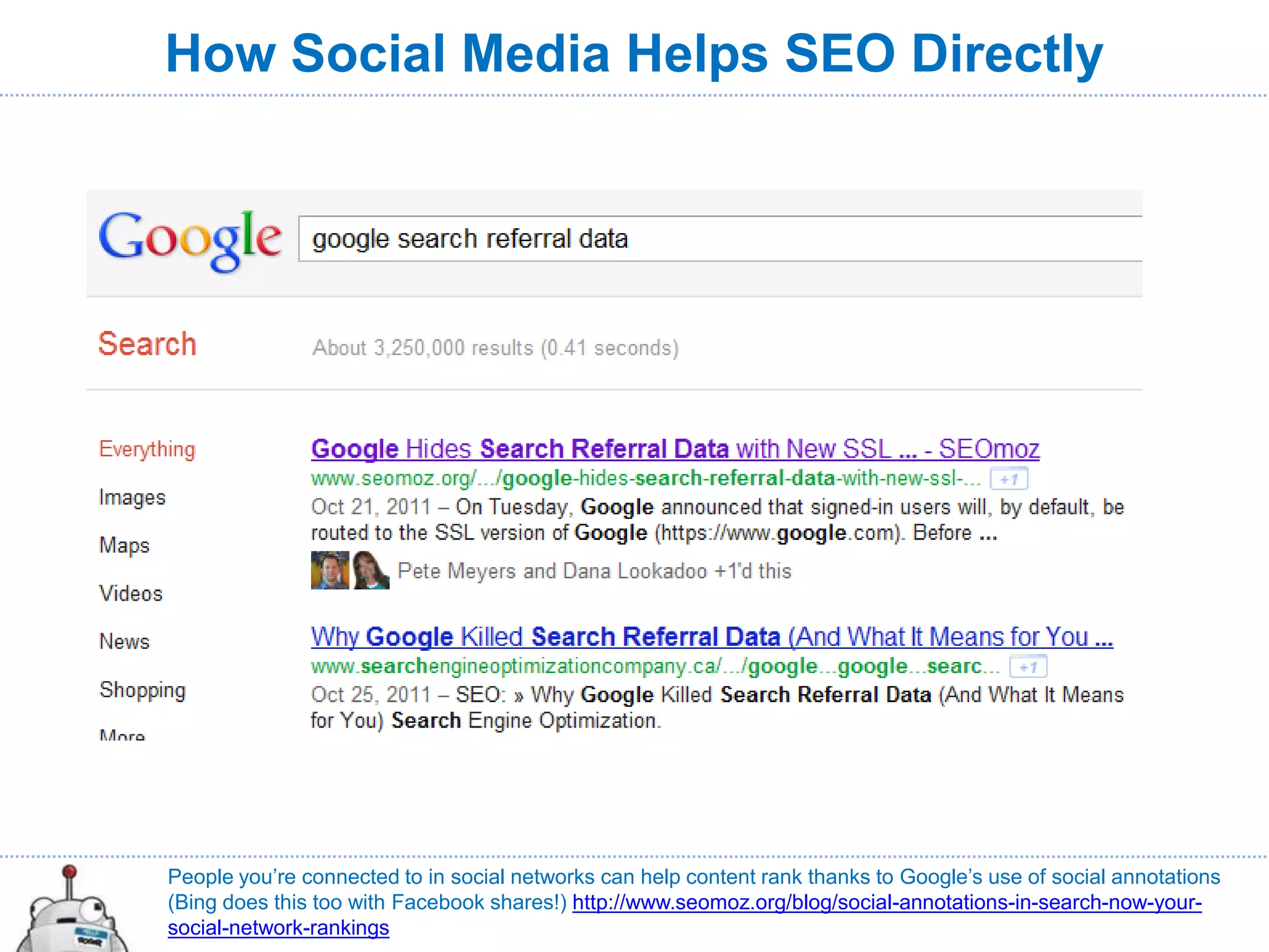 How Social Media Helps SEO Directly




People you’re connected to in social networks can help content rank thanks to Google’s use of social annotations
(Bing does this too with Facebook shares!) http://www.seomoz.org/blog/social-annotations-in-search-now-your-
social-network-rankings
 