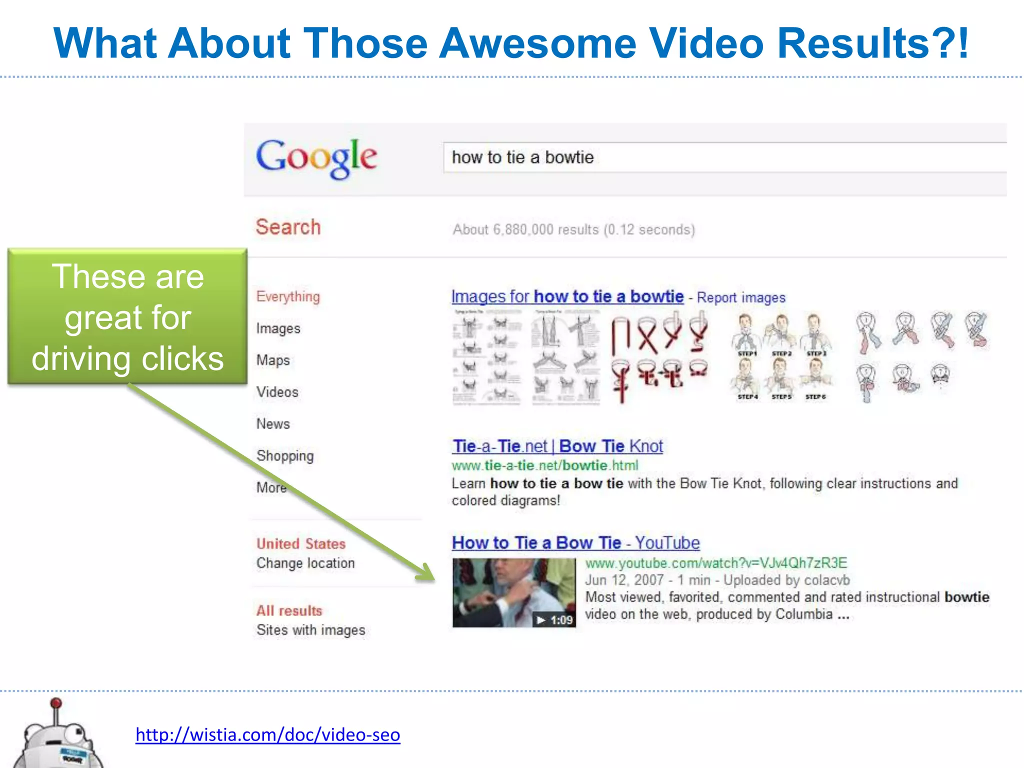 What About Those Awesome Video Results?!




 These are
  great for
driving clicks




       http://wistia.com/doc/video-seo
 