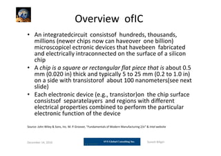 Overview ofIC
• An integratedcircuit consistsof hundreds, thousands,
millions (newer chips now can haveover one billion)
microscopicel ectronic devices that havebeen fabricated
and electrically intraconnected on the surface of a silicon
chip
• A chip is a square or rectangular flat piece that is about 0.5
mm (0.020 in) thick and typically 5 to 25 mm (0.2 to 1.0 in)
on a side with transistorof about 100 nanometers(see next
slide)
• Each electronic device (e.g., transistor)on the chip surface
consistsof separatelayers and regions with different
electrical properties combined to perform the particular
electronic function of the device
Source: John Wiley & Sons, Inc. M. P. Groover, “Fundamentals of Modern Manufacturing 2/e” & intel website
December 14, 2010 Suresh Biligiri
 