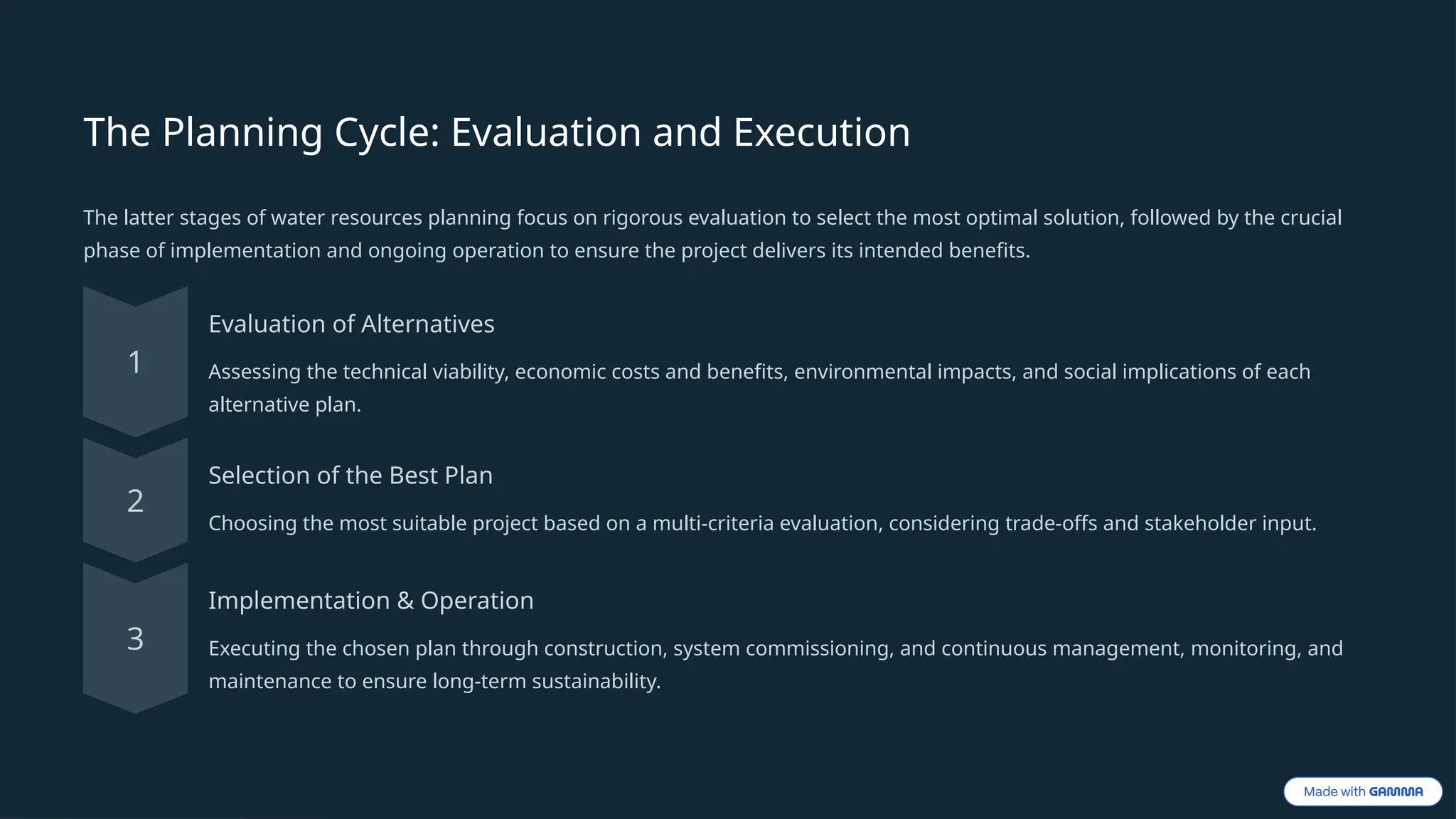 The Planning Cycle: Evaluation and Execution
The latter stages of water resources planning focus on rigorous evaluation to select the most optimal solution, followed by the crucial
phase of implementation and ongoing operation to ensure the project delivers its intended benefits.
Evaluation of Alternatives
Assessing the technical viability, economic costs and benefits, environmental impacts, and social implications of each
alternative plan.
Selection of the Best Plan
Choosing the most suitable project based on a multi-criteria evaluation, considering trade-offs and stakeholder input.
Implementation & Operation
Executing the chosen plan through construction, system commissioning, and continuous management, monitoring, and
maintenance to ensure long-term sustainability.
 