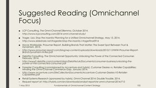 Suggested Reading (Omnichannel
Focus)
■ LCP Consulting. The Omni-Channel Dilemma. October 2014.
– http://www.lcpconsulting.com/2014-omni-channel-study/
■ Trager, Lisa. Stop the insanity! Planning for a Unified Omnichannel Strategy. May 13, 2014.
– http://www.slideshare.net/tragester/stop-the-insanity-l-tragerfinal5914
■ Havas Worldwide. Prosumer Report. Building Brands That Matter: The Sweet Spot Between Trust &
Dynamism. 2013.
– http://www.prosumer-report.com/blog/wp-content/uploads/downloads/2013/11/HWW-Prosumer-Report-
Brand-Dynamism-Hi-Res.pdf
■ Deloitte Consulting. The Omnichannel Opportunity: Unlocking the Power of the Connected Consumer.
February, 2014.
– http://www2.deloitte.com/content/dam/Deloitte/uk/Documents/consumer-business/unlocking-the-
power-of-the-connected-consumer.pdf
■ Forrester Consulting (commissioned by Accenture and hybris). Customer Desires vs. Retailer Capabilities:
Minding the Omni-Channel Commerce Gap. January 2014.
– http://www.accenture.com/SiteCollectionDocuments/Accenture-Customer-Desires-VS-Retailer-
Capabilities.pdf
■ Retail Systems Research (sponsored by hybris). Omni-Channel 2014: Double Trouble. 2014.
– Request report at: http://hybris.com/en/downloads/analyst-report/rsr-omni-channel-2014/715
1 May 2015 Fundamentals of Omnichannel Content Strategy 102
 