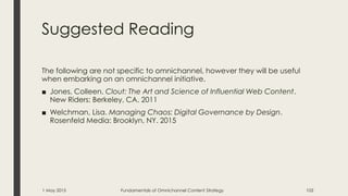 Suggested Reading
The following are not specific to omnichannel, however they will be useful
when embarking on an omnichannel initiative.
■ Jones, Colleen. Clout: The Art and Science of Influential Web Content.
New Riders: Berkeley, CA. 2011
■ Welchman, Lisa. Managing Chaos: Digital Governance by Design.
Rosenfeld Media: Brooklyn, NY. 2015
1 May 2015 Fundamentals of Omnichannel Content Strategy 103
 