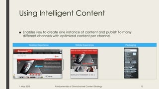 Using Intelligent Content
■ Enables you to create one instance of content and publish to many
different channels with optimized content per channel
Desktop Experience Mobile Experience Packaging
1 May 2015 Fundamentals of Omnichannel Content Strategy 12
 