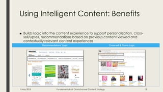 Using Intelligent Content: Benefits
■ Builds logic into the content experience to support personalization, cross-
sell/upsell, recommendations based on previous content viewed and
contextually relevant content experiences
Recommendations’ Logic Cross-sell & Promo Logic
1 May 2015 Fundamentals of Omnichannel Content Strategy 13
 