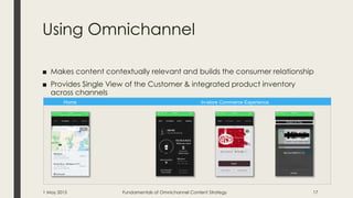 Using Omnichannel
■ Makes content contextually relevant and builds the consumer relationship
■ Provides Single View of the Customer & integrated product inventory
across channels
Home In-store Commerce Experience
1 May 2015 Fundamentals of Omnichannel Content Strategy 17
 