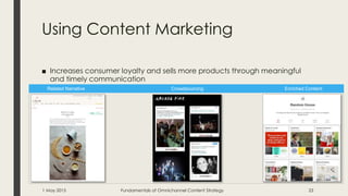Using Content Marketing
■ Increases consumer loyalty and sells more products through meaningful
and timely communication
Related Narrative Crowdsourcing Enriched Content
1 May 2015 Fundamentals of Omnichannel Content Strategy 23
 