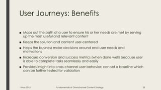 User Journeys: Benefits
■ Maps out the path of a user to ensure his or her needs are met by serving
up the most useful and relevant content
■ Keeps the solution and content user-centered
■ Helps the business make decisions around end-user needs and
motivations
■ Increases conversion and success metrics (when done well) because user
is able to complete tasks seamlessly and easily
■ Provides insight into cross-channel user behavior; can set a baseline which
can be further tested for validation
1 May 2015 Fundamentals of Omnichannel Content Strategy 25
 