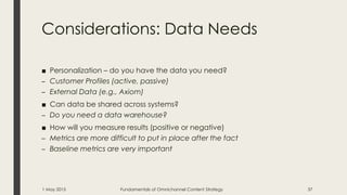 Considerations: Data Needs
■ Personalization – do you have the data you need?
– Customer Profiles (active, passive)
– External Data (e.g., Axiom)
■ Can data be shared across systems?
– Do you need a data warehouse?
■ How will you measure results (positive or negative)
– Metrics are more difficult to put in place after the fact
– Baseline metrics are very important
1 May 2015 Fundamentals of Omnichannel Content Strategy 37
 