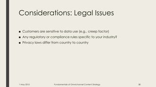 Considerations: Legal Issues
■ Customers are sensitive to data use (e.g., creep factor)
■ Any regulatory or compliance rules specific to your industry?
■ Privacy laws differ from country to country
1 May 2015 Fundamentals of Omnichannel Content Strategy 38
 