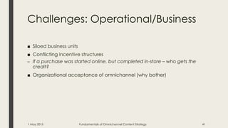 Challenges: Operational/Business
■ Siloed business units
■ Conflicting incentive structures
– If a purchase was started online, but completed in-store – who gets the
credit?
■ Organizational acceptance of omnichannel (why bother)
1 May 2015 Fundamentals of Omnichannel Content Strategy 41
 