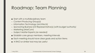 Roadmap: Team Planning
■ Start with a multidisciplinary team
– Content Producing Group(s)
– Information Technology (architects)
– Sponsoring Business Unit Representative(s) (with budget authority)
– Marketing (MarCom)
– Subject Matter Experts (as needed)
■ Establish core group members, meeting intervals
■ Each meeting should have clear goals and action items
■ A RACI or similar tool may be useful
1 May 2015 Fundamentals of Omnichannel Content Strategy 48
 