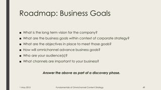 Roadmap: Business Goals
■ What is the long term vision for the company?
■ What are the business goals within context of corporate strategy?
■ What are the objectives in place to meet those goals?
■ How will omnichannel advance business goals?
■ Who are your audience(s)?
■ What channels are important to your business?
Answer the above as part of a discovery phase.
1 May 2015 Fundamentals of Omnichannel Content Strategy 49
 