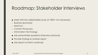 Roadmap: Stakeholder Interviews
■ Meet with key stakeholders (cast of 1000+ not necessary)
– Business Sponsor(s)
– MarCom
– Content Producers
– Information Technology
■ Ask same/similar questions (interview protocol)
■ Provide findings & analysis report
■ Use report to inform roadmap
1 May 2015 Fundamentals of Omnichannel Content Strategy 51
 
