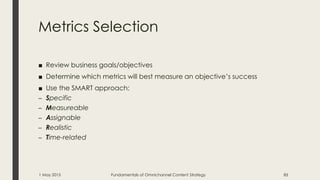 Metrics Selection
■ Review business goals/objectives
■ Determine which metrics will best measure an objective’s success
■ Use the SMART approach:
– Specific
– Measureable
– Assignable
– Realistic
– Time-related
1 May 2015 Fundamentals of Omnichannel Content Strategy 85
 