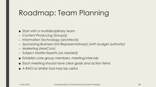 Roadmap: Team Planning
■ Start with a multidisciplinary team
– Content Producing Group(s)
– Information Technology (archit...