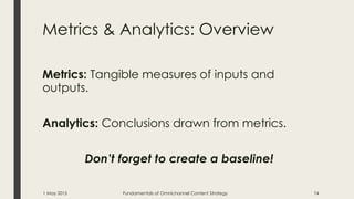 Metrics & Analytics: Overview
Metrics: Tangible measures of inputs and
outputs.
Analytics: Conclusions drawn from metrics....