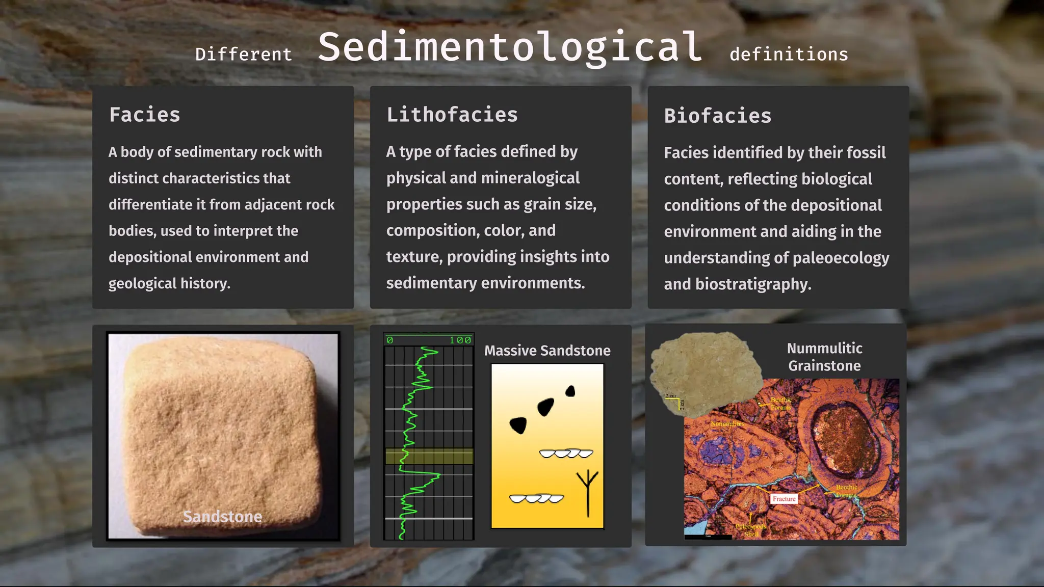Facies
A body of sedimentary rock with
distinct characteristics that
differentiate it from adjacent rock
bodies, used to interpret the
depositional environment and
geological history.
Lithofacies
A type of facies defined by
physical and mineralogical
properties such as grain size,
composition, color, and
texture, providing insights into
sedimentary environments.
Biofacies
Facies identified by their fossil
content, reflecting biological
conditions of the depositional
environment and aiding in the
understanding of paleoecology
and biostratigraphy.
Massive Sandstone
Sandstone
Nummulitic
Grainstone
Different Sedimentological definitions
 
