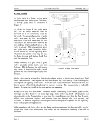 Valves                                  DOE-HDBK-1018/2-93                       TYPES OF VALVES


Globe Valves

A globe valve is a linear motion valve
used to stop, start, and regulate fluid flow.
A Z-body globe valve is illustrated in
Figure 9.

As shown in Figure 9, the globe valve
disk can be totally removed from the
flowpath or it can completely close the
flowpath. The essential principle of globe
valve operation is the perpendicular
movement of the disk away from the seat.
This causes the annular space between the
disk and seat ring to gradually close as the
valve is closed. This characteristic gives
the globe valve good throttling ability,
which permits its use in regulating flow.
Therefore, the globe valve may be used
for both stopping and starting fluid flow
and for regulating flow.

When compared to a gate valve, a globe
valve generally yields much less seat
leakage. This is because the disk-to-seat
                                                           Figure 9 Z-Body Globe Valve
ring contact is more at right angles, which
permits the force of closing to tightly seat
the disk.

Globe valves can be arranged so that the disk closes against or in the same direction of fluid
flow. When the disk closes against the direction of flow, the kinetic energy of the fluid impedes
closing but aids opening of the valve. When the disk closes in the same direction of flow, the
kinetic energy of the fluid aids closing but impedes opening. This characteristic is preferable
to other designs when quick-acting stop valves are necessary.

Globe valves also have drawbacks. The most evident shortcoming of the simple globe valve is
the high head loss from two or more right angle turns of flowing fluid. Obstructions and
discontinuities in the flowpath lead to head loss. In a large high pressure line, the fluid dynamic
effects from pulsations, impacts, and pressure drops can damage trim, stem packing, and
actuators. In addition, large valve sizes require considerable power to operate and are especially
noisy in high pressure applications.

Other drawbacks of globe valves are the large openings necessary for disk assembly, heavier
weight than other valves of the same flow rating, and the cantilevered mounting of the disk to
the stem.


Rev. 0                                          Page 15                                     ME-04
 