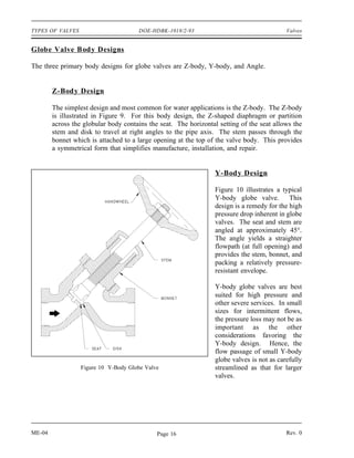 TYPES OF VALVES                       DOE-HDBK-1018/2-93                                    Valves


Globe Valve Body Designs

The three primary body designs for globe valves are Z-body, Y-body, and Angle.


        Z-Body Design

        The simplest design and most common for water applications is the Z-body. The Z-body
        is illustrated in Figure 9. For this body design, the Z-shaped diaphragm or partition
        across the globular body contains the seat. The horizontal setting of the seat allows the
        stem and disk to travel at right angles to the pipe axis. The stem passes through the
        bonnet which is attached to a large opening at the top of the valve body. This provides
        a symmetrical form that simplifies manufacture, installation, and repair.


                                                                  Y-Body Design

                                                                  Figure 10 illustrates a typical
                                                                  Y-body globe valve. This
                                                                  design is a remedy for the high
                                                                  pressure drop inherent in globe
                                                                  valves. The seat and stem are
                                                                  angled at approximately 45°.
                                                                  The angle yields a straighter
                                                                  flowpath (at full opening) and
                                                                  provides the stem, bonnet, and
                                                                  packing a relatively pressure-
                                                                  resistant envelope.

                                                                  Y-body globe valves are best
                                                                  suited for high pressure and
                                                                  other severe services. In small
                                                                  sizes for intermittent flows,
                                                                  the pressure loss may not be as
                                                                  important as the other
                                                                  considerations favoring the
                                                                  Y-body design. Hence, the
                                                                  flow passage of small Y-body
                                                                  globe valves is not as carefully
                  Figure 10 Y-Body Globe Valve                    streamlined as that for larger
                                                                  valves.




ME-04                                        Page 16                                        Rev. 0
 
