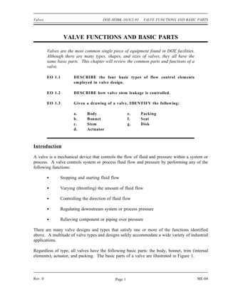 Valves                                 DOE-HDBK-1018/2-93       VALVE FUNCTIONS AND BASIC PARTS



                  VALVE FUNCTIONS AND BASIC PARTS

         Valves are the most common single piece of equipment found in DOE facilities.
         Although there are many types, shapes, and sizes of valves, they all have the
         same basic parts. This chapter will review the common parts and functions of a
         valve.

         EO 1.1        DESCRIBE the four basic types of flow control elements
                       em ployed in valve design.

         EO 1.2        DESCRIBE how valve stem leakage is controlled.

         EO 1.3        Given a drawing of a valve, IDENTIFY the following:

                       a.     B ody                    e.   Packing
                       b.     B onnet                  f.   Seat
                       c.     Stem                     g.   Disk
                       d.     Actuator



Introduction

A valve is a mechanical device that controls the flow of fluid and pressure within a system or
process. A valve controls system or process fluid flow and pressure by performing any of the
following functions:

                Stopping and starting fluid flow

                Varying (throttling) the amount of fluid flow

                Controlling the direction of fluid flow

                Regulating downstream system or process pressure

                Relieving component or piping over pressure

There are many valve designs and types that satisfy one or more of the functions identified
above. A multitude of valve types and designs safely accommodate a wide variety of industrial
applications.

Regardless of type, all valves have the following basic parts: the body, bonnet, trim (internal
elements), actuator, and packing. The basic parts of a valve are illustrated in Figure 1.




Rev. 0                                        Page 1                                      ME-04
 