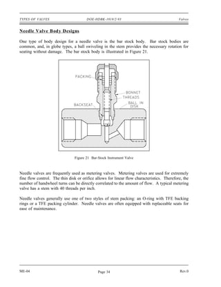TYPES OF VALVES                       DOE-HDBK-1018/2-93                                    Valves


Needle Valve Body Designs

One type of body design for a needle valve is the bar stock body. Bar stock bodies are
common, and, in globe types, a ball swiveling in the stem provides the necessary rotation for
seating without damage. The bar stock body is illustrated in Figure 21.




                               Figure 21 Bar-Stock Instrument Valve



Needle valves are frequently used as metering valves. Metering valves are used for extremely
fine flow control. The thin disk or orifice allows for linear flow characteristics. Therefore, the
number of handwheel turns can be directly correlated to the amount of flow. A typical metering
valve has a stem with 40 threads per inch.

Needle valves generally use one of two styles of stem packing: an O-ring with TFE backing
rings or a TFE packing cylinder. Needle valves are often equipped with replaceable seats for
ease of maintenance.




ME-04                                        Page 34                                        Rev.0
 
