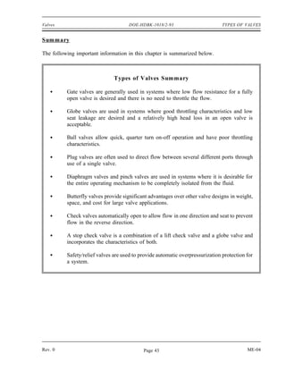Valves                                DOE-HDBK-1018/2-93                        TYPES OF VALVES


Summary

The following important information in this chapter is summarized below.



                               Types of Valves Summary

          Gate valves are generally used in systems where low flow resistance for a fully
          open valve is desired and there is no need to throttle the flow.

          Globe valves are used in systems where good throttling characteristics and low
          seat leakage are desired and a relatively high head loss in an open valve is
          acceptable.

          Ball valves allow quick, quarter turn on-off operation and have poor throttling
          characteristics.

          Plug valves are often used to direct flow between several different ports through
          use of a single valve.

          Diaphragm valves and pinch valves are used in systems where it is desirable for
          the entire operating mechanism to be completely isolated from the fluid.

          Butterfly valves provide significant advantages over other valve designs in weight,
          space, and cost for large valve applications.

          Check valves automatically open to allow flow in one direction and seat to prevent
          flow in the reverse direction.

          A stop check valve is a combination of a lift check valve and a globe valve and
          incorporates the characteristics of both.

          Safety/relief valves are used to provide automatic overpressurization protection for
          a system.




Rev. 0                                      Page 43                                        ME-04
 