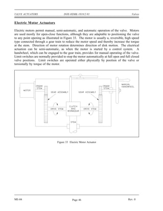 VALVE ACTUATORS                       DOE-HDBK-1018/2-93                                   Valves


Electric M otor Actuators

Electric motors permit manual, semi-automatic, and automatic operation of the valve. Motors
are used mostly for open-close functions, although they are adaptable to positioning the valve
to any point opening as illustrated in Figure 33. The motor is usually a, reversible, high speed
type connected through a gear train to reduce the motor speed and thereby increase the torque
at the stem. Direction of motor rotation determines direction of disk motion. The electrical
actuation can be semi-automatic, as when the motor is started by a control system. A
handwheel, which can be engaged to the gear train, provides for manual operating of the valve.
Limit switches are normally provided to stop the motor automatically at full open and full closed
valve positions. Limit switches are operated either physically by position of the valve or
torsionally by torque of the motor.




                                 Figure 33 Electric Motor Actuator




ME-04                                        Page 46                                    Rev. 0
 